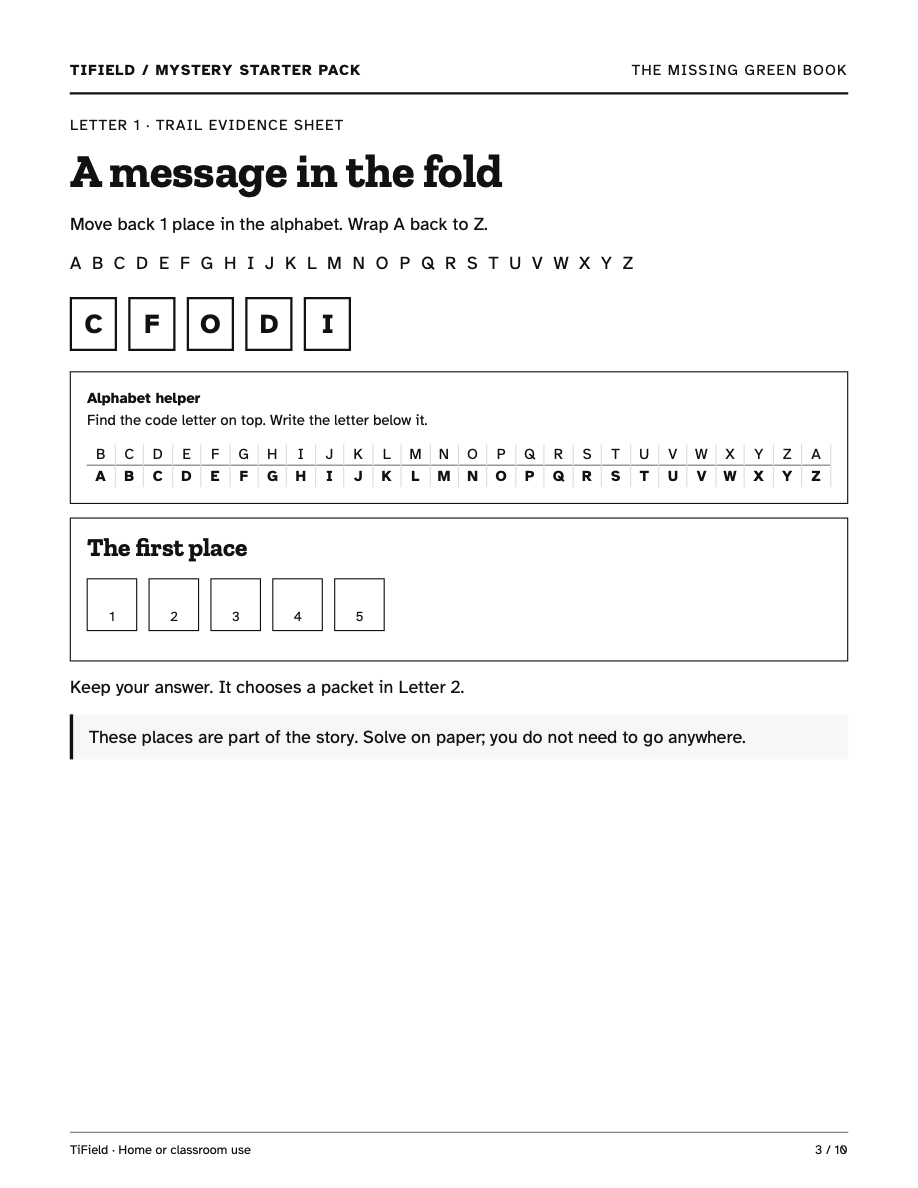 Sample page: Trail alphabet-code puzzle with a helper and five answer boxes.
