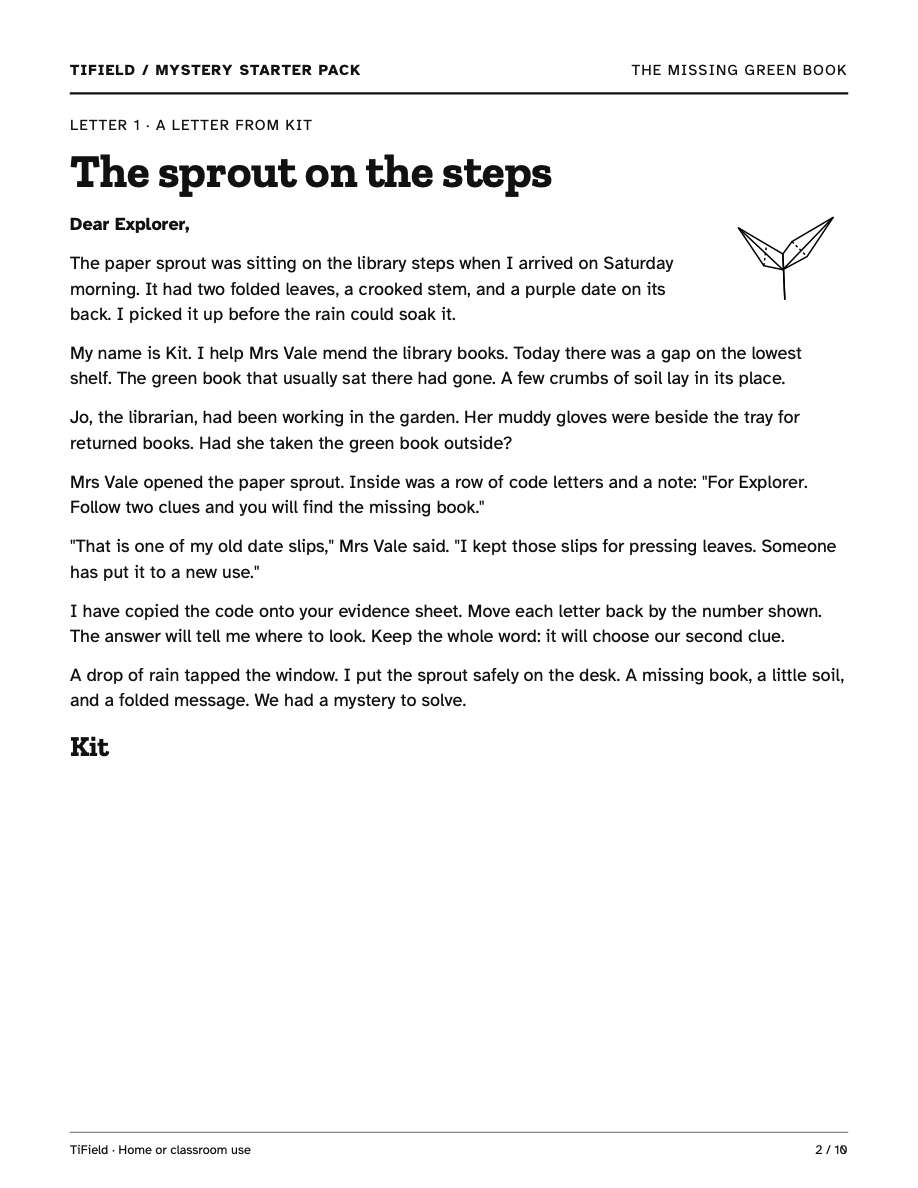 Sample page from the PDF: The sprout on the steps, a story letter addressed to Explorer.